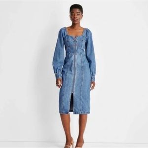 Future Collective Puff Long Sleeve Zip-Front Medium Wash Denim Dress Size 6